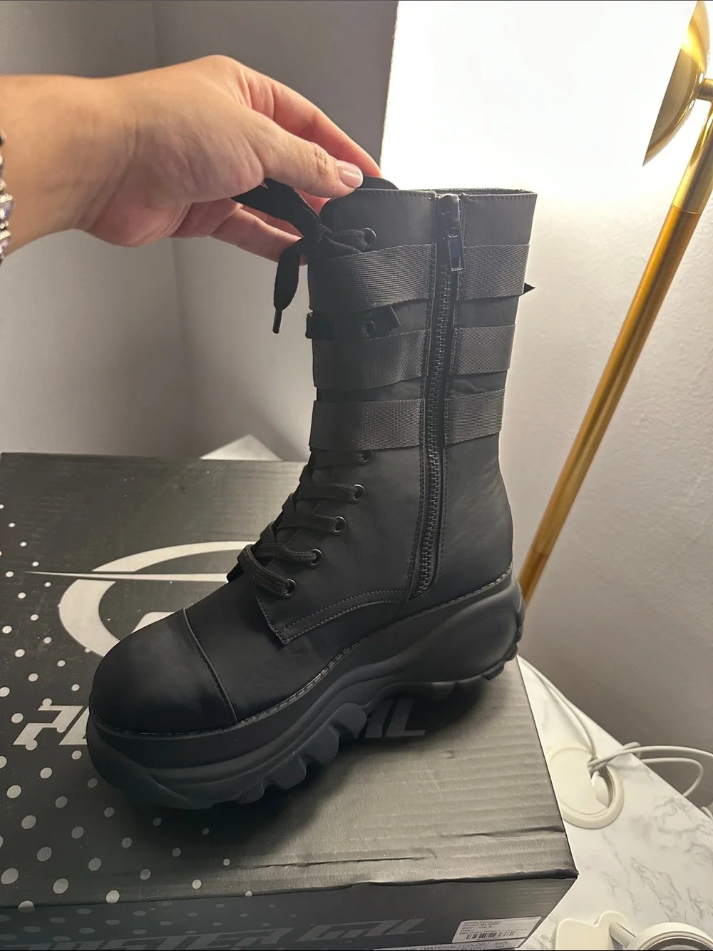 Dolls Kill Black Chunky Platform Combat Boots with Straps - Picture 4 of 5